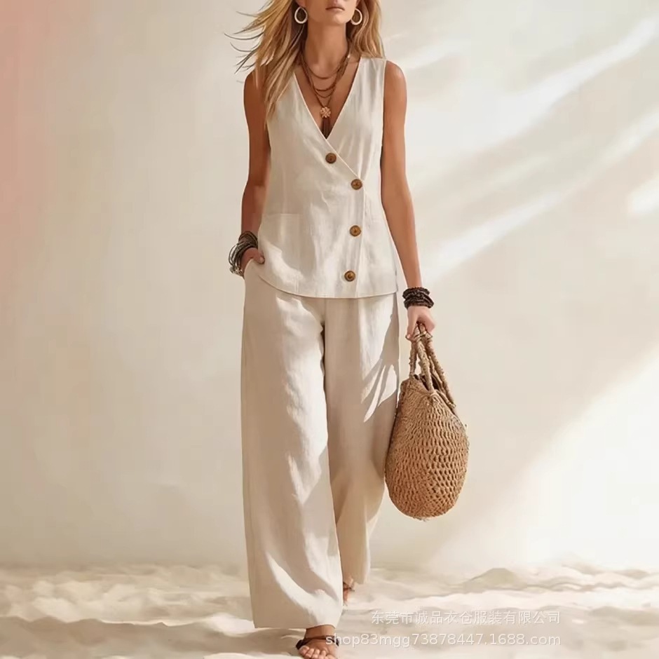 Women's Summer Cotton-Linen Button Cardigan & Pants Set Casual Vacation Solid Color