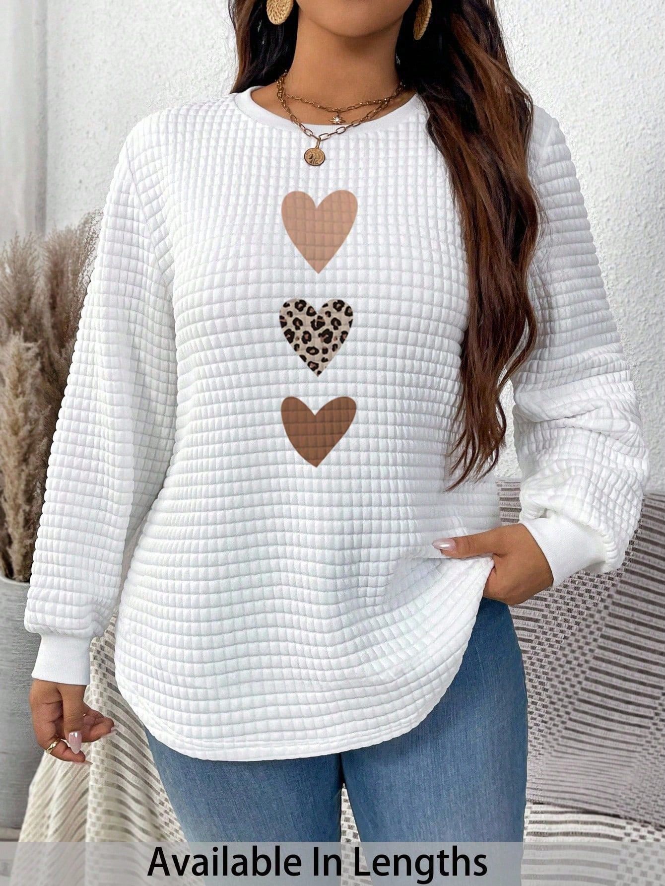 Waffle Knit Heart Print Crewneck Sweatshirt for Women