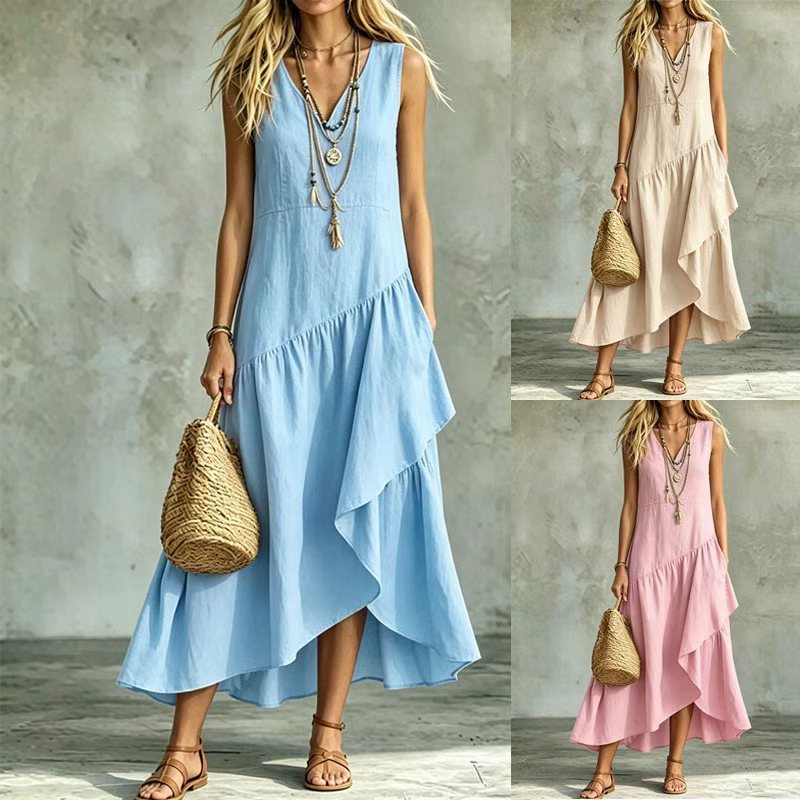 Women's Sleeveless V-Neck A-Line Maxi Dress Loose Fit Boho