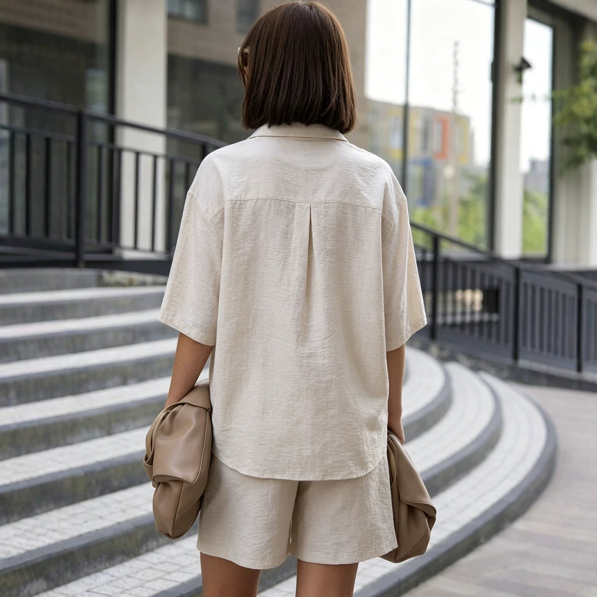 Women's Casual Shirt and Shorts Set Short Sleeve Solid Color Minimalist