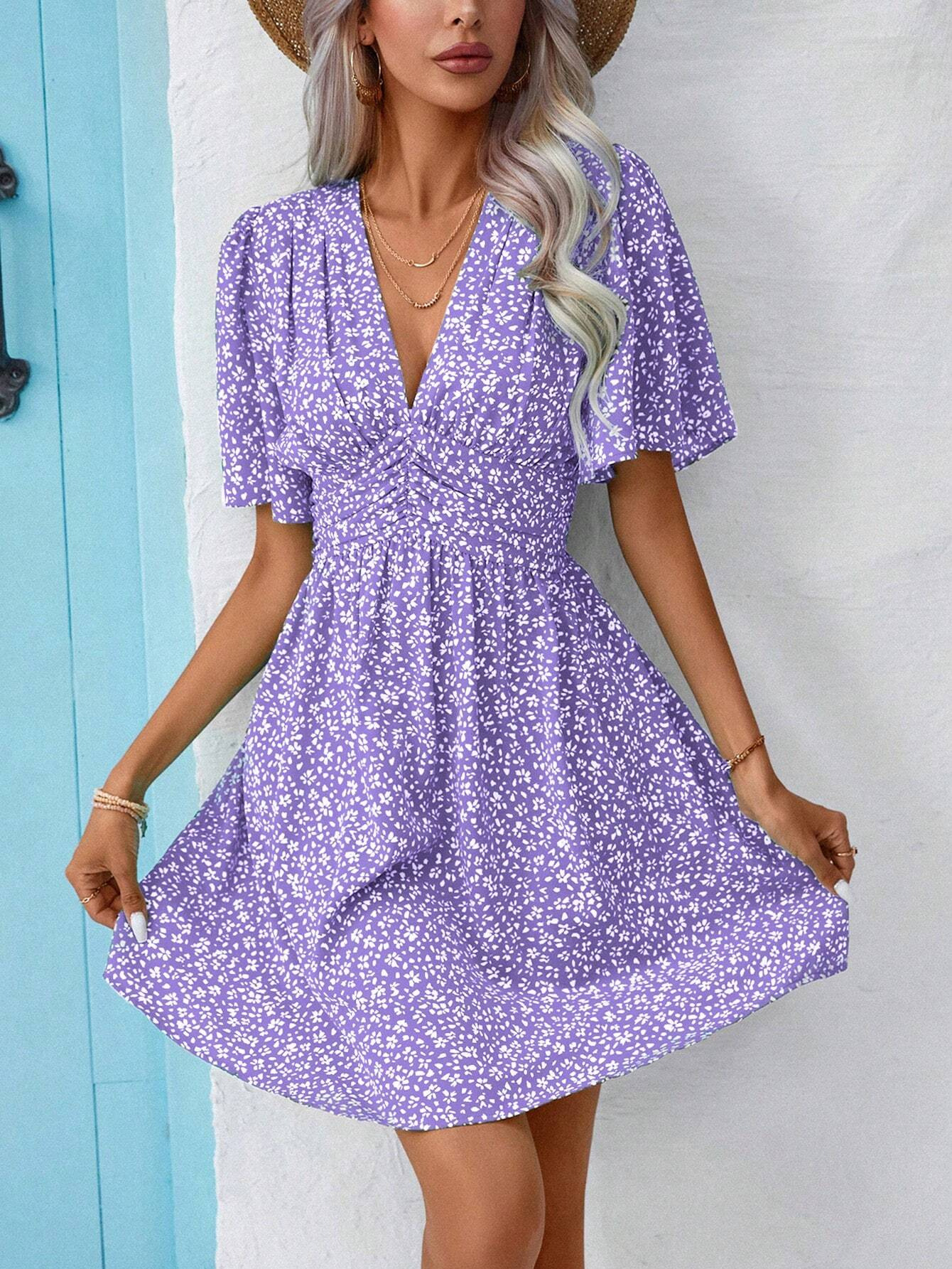 Women's Summer V-Neck Half-Sleeve Floral Pleated High-Waist Dress