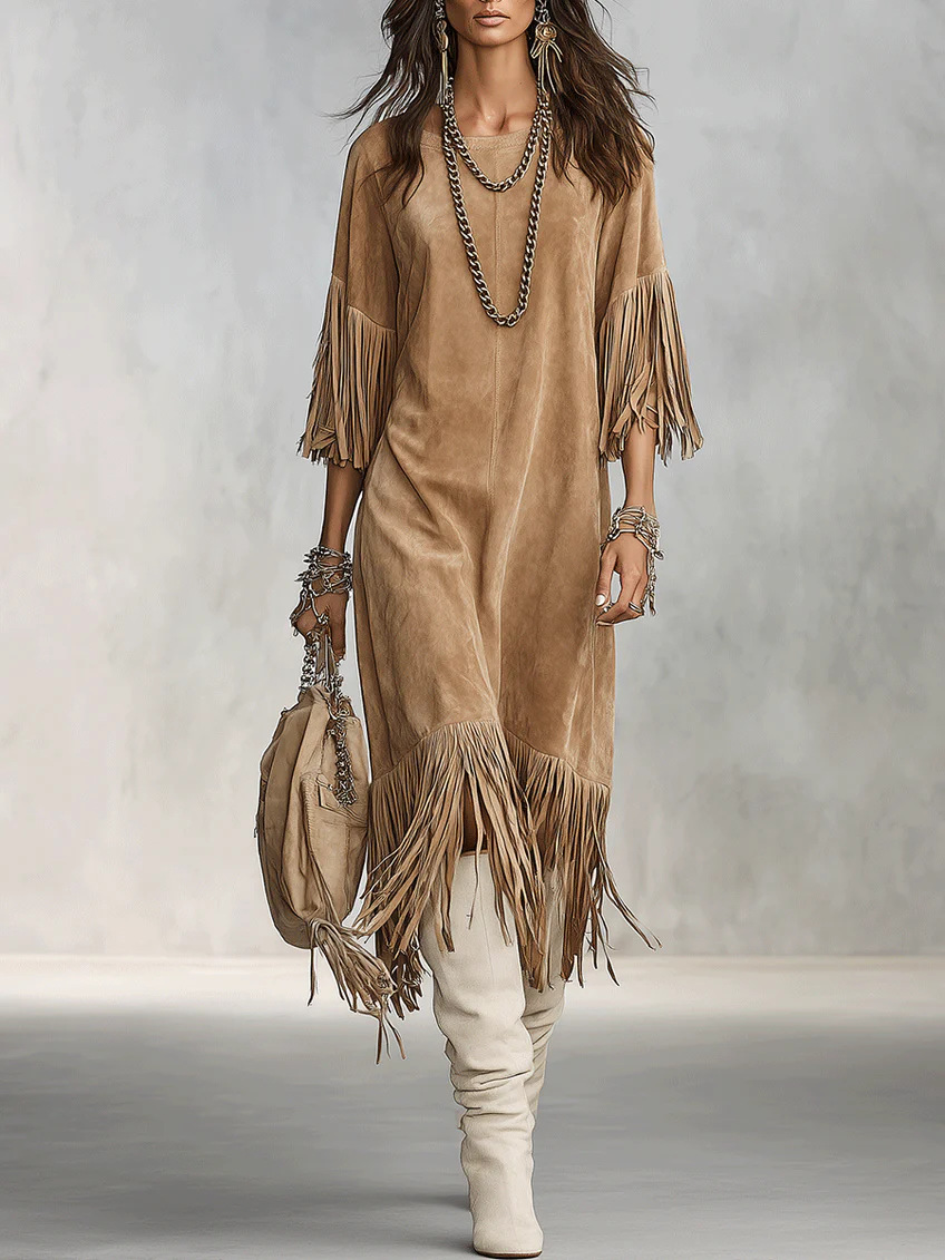 Bohemian Fringe Crewneck Drop Shoulder Dress