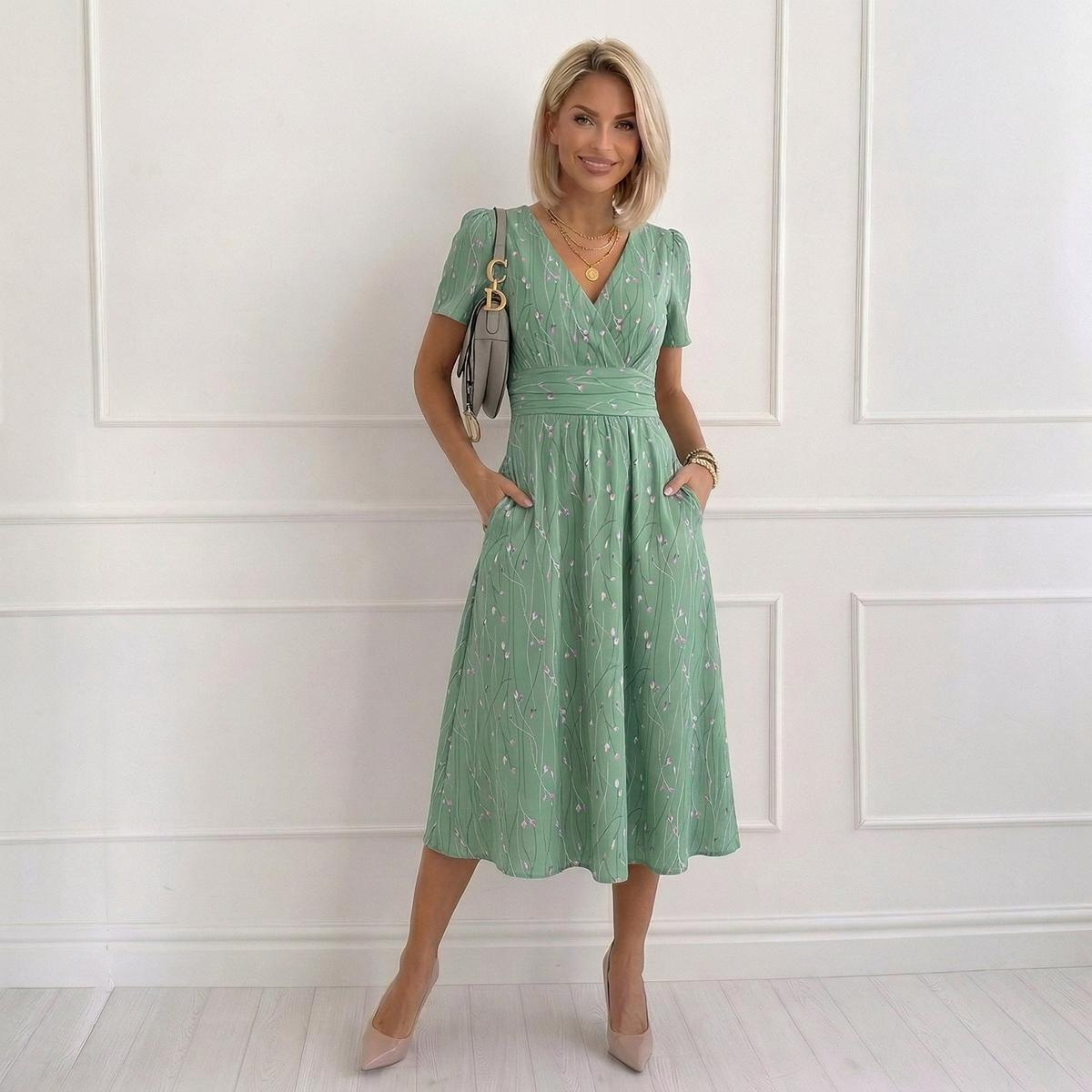 Women's Floral Print Ruched Casual Midi Dress