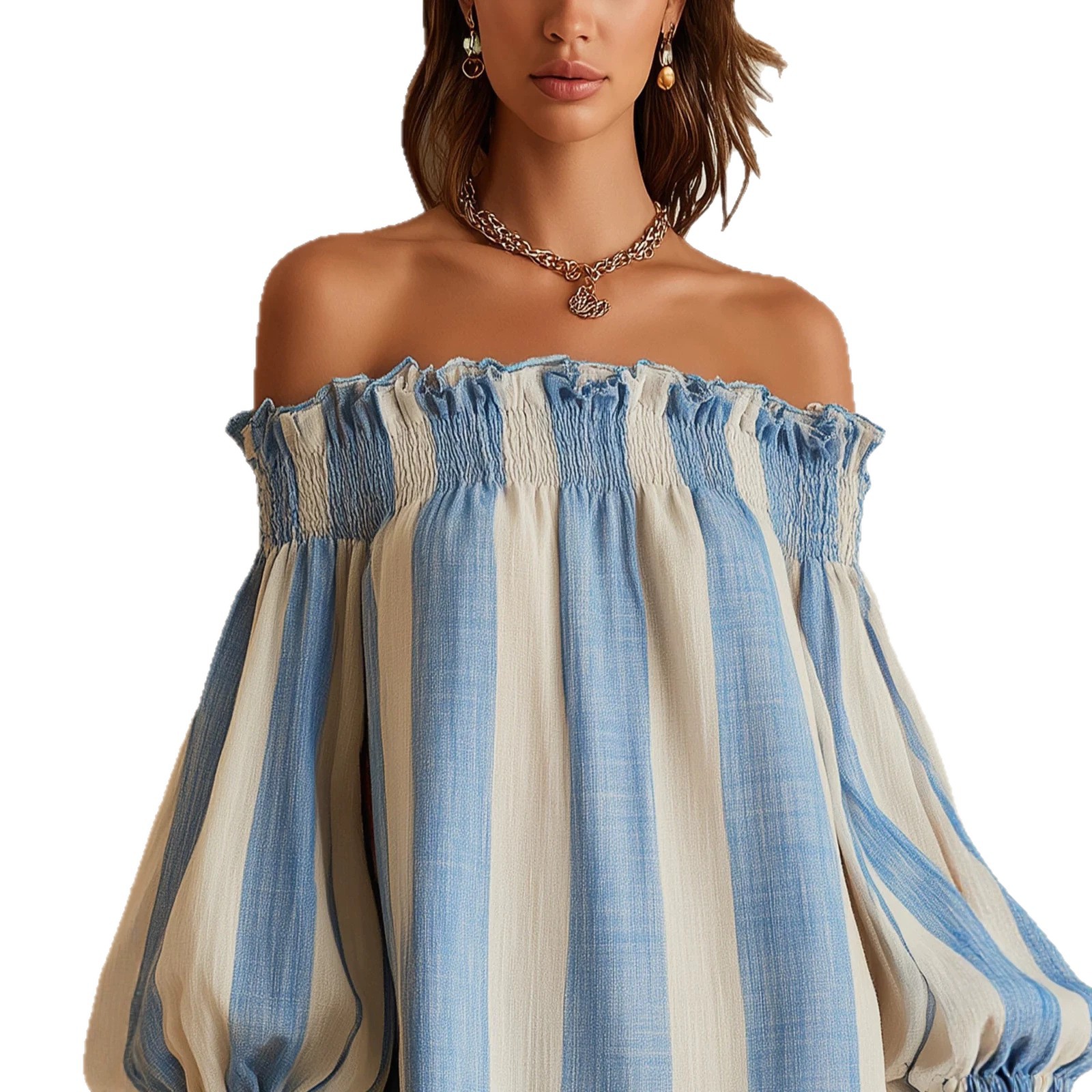 Striped Off-Shoulder Puff Sleeve Dress with Ruffle Trim