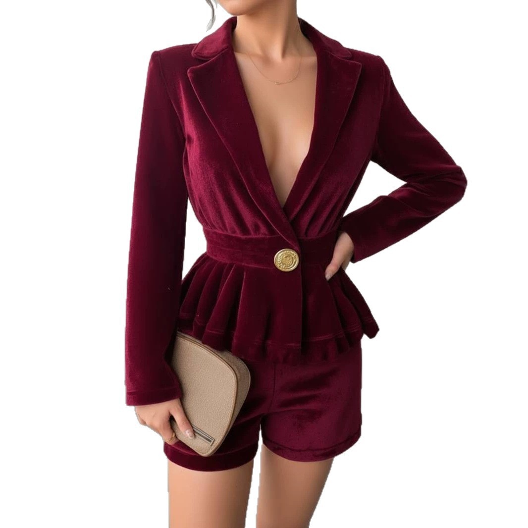 Velvet V-Neck Waist-Cinched Blazer Set