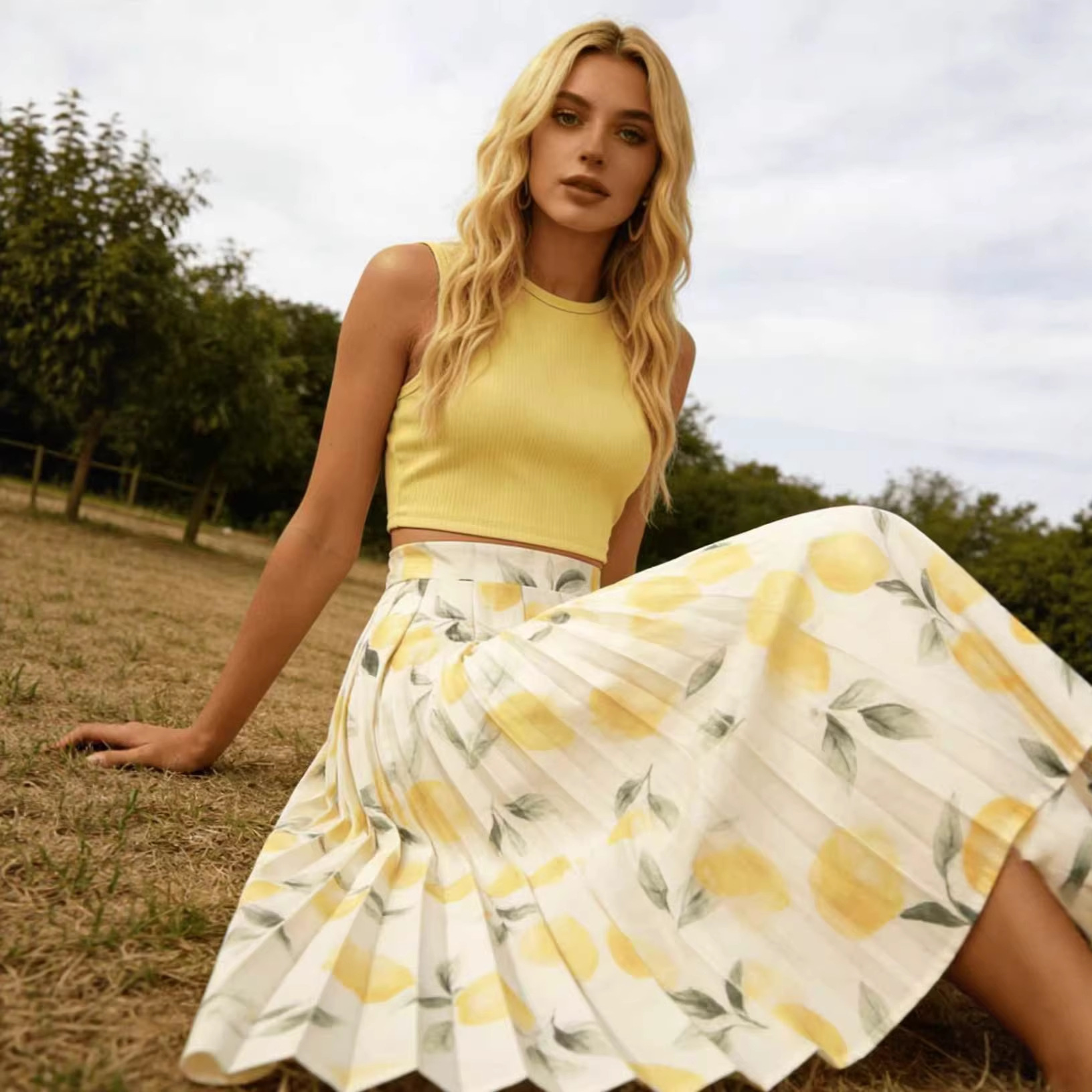 Lemon Print Sleeveless Tank Top and High-Waist Flared Midi Skirt Set