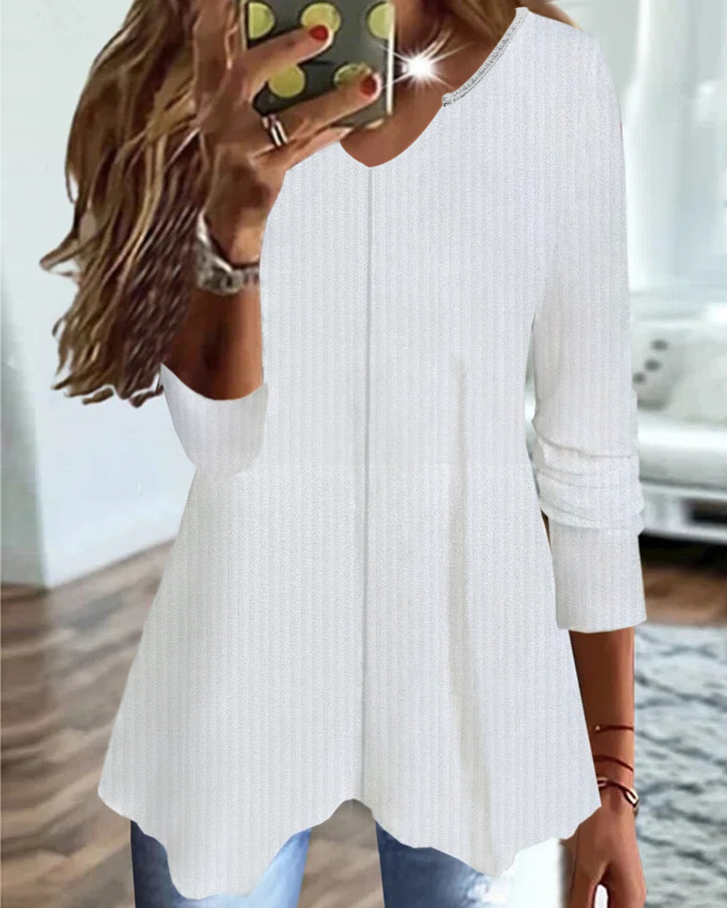 Women's Solid Color V-Neck Knit T-Shirt Long Sleeve Loose Fit