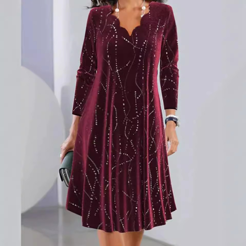 V-Neck Long Sleeve Sequin Dress