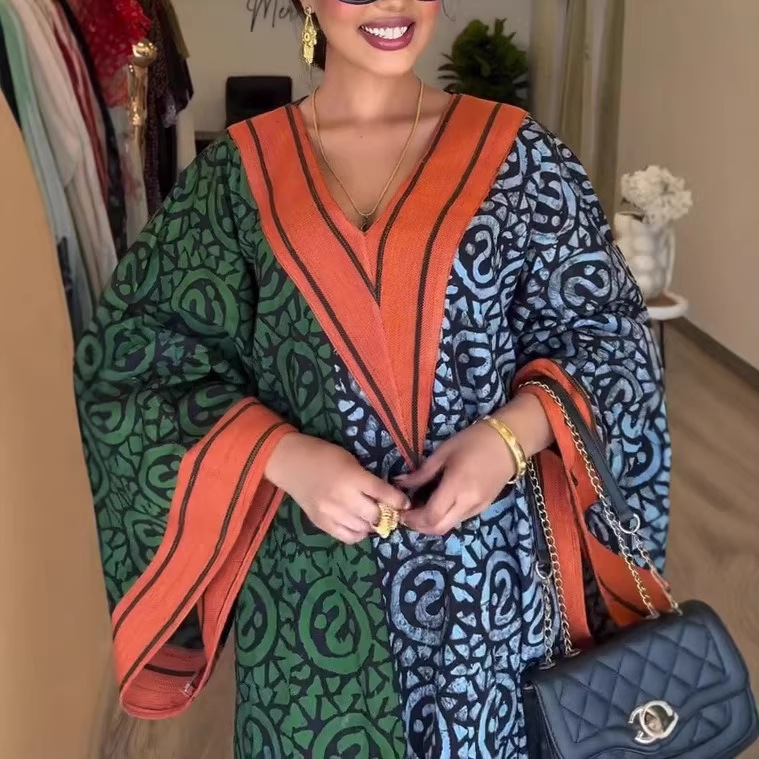 Long Sleeve V-Neck Digital Print Patchwork Maxi Dress