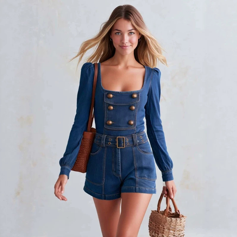 Retro Western Square Neck Puff Sleeve Belted Romper