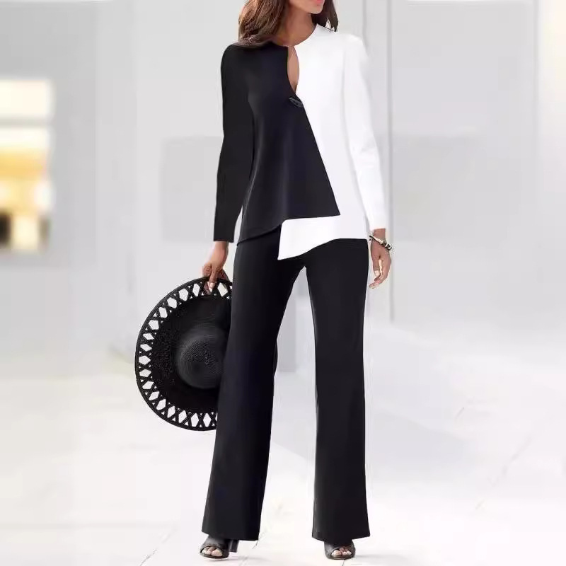 Women's Color-Block Long-Sleeve Shirt & Pants Set Casual Loose Fit