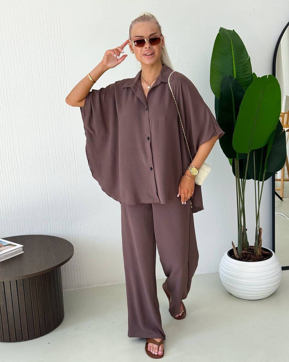 Women's Two-Piece Collared Shirt and Pants Set