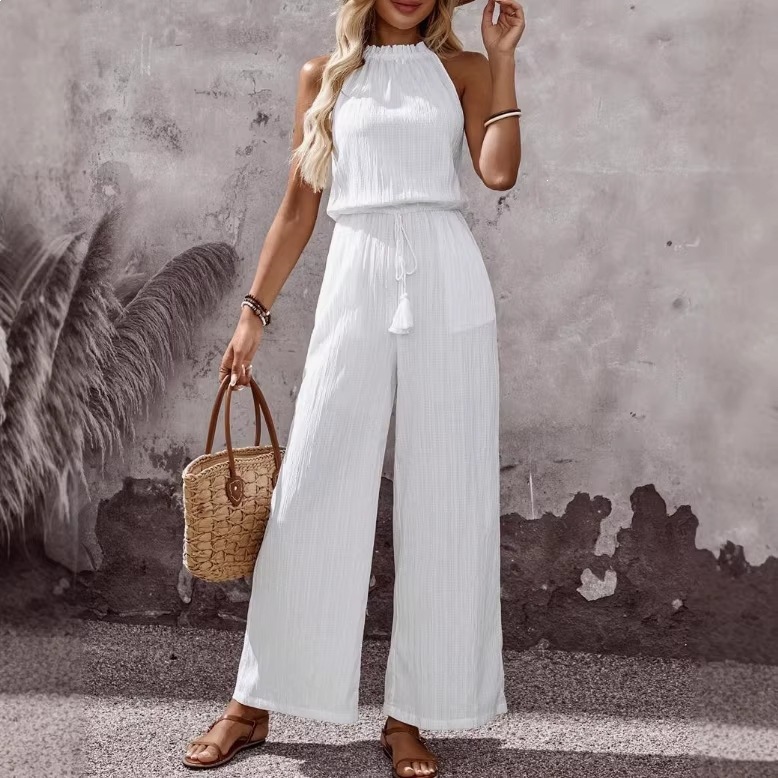 Women's Solid Color Wide-Leg Jumpsuit with Waist Tassel Tie and Pockets