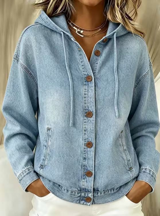 Women's Washed Denim Hooded Bomber Jacket Casual Long Sleeve
