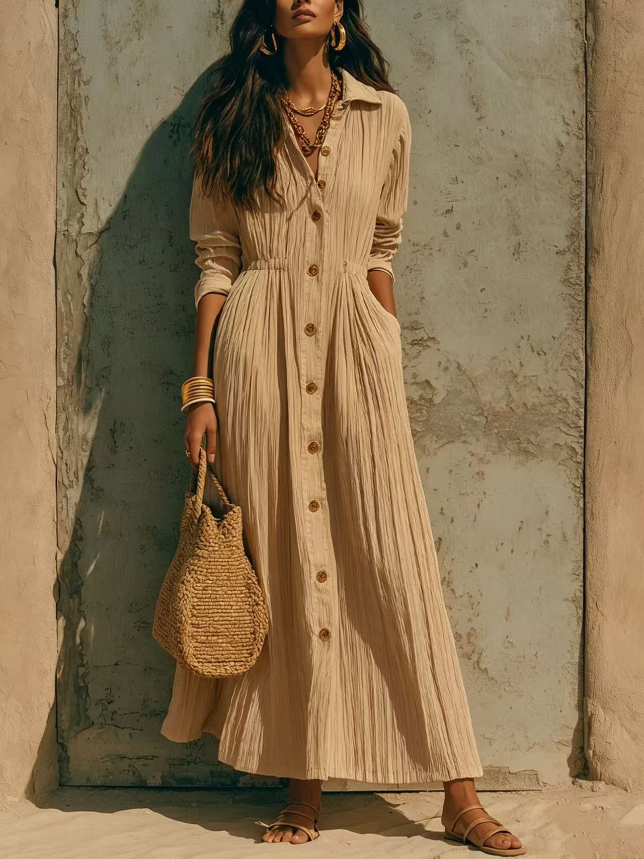 Single-Breasted Multi-Button Pleated Solid Color Long Sleeve Dress