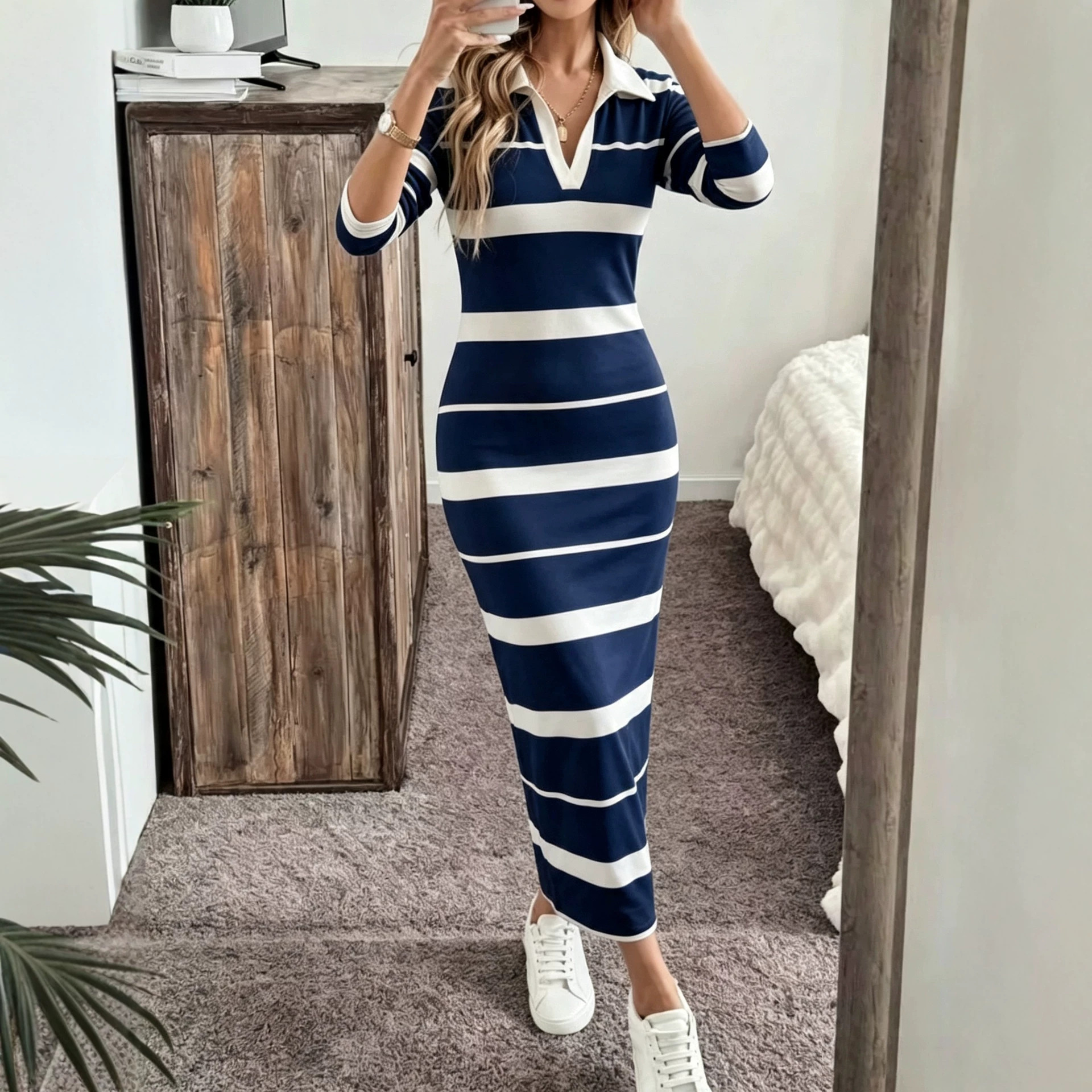 V-Neck Striped Print Long Bodycon Dress