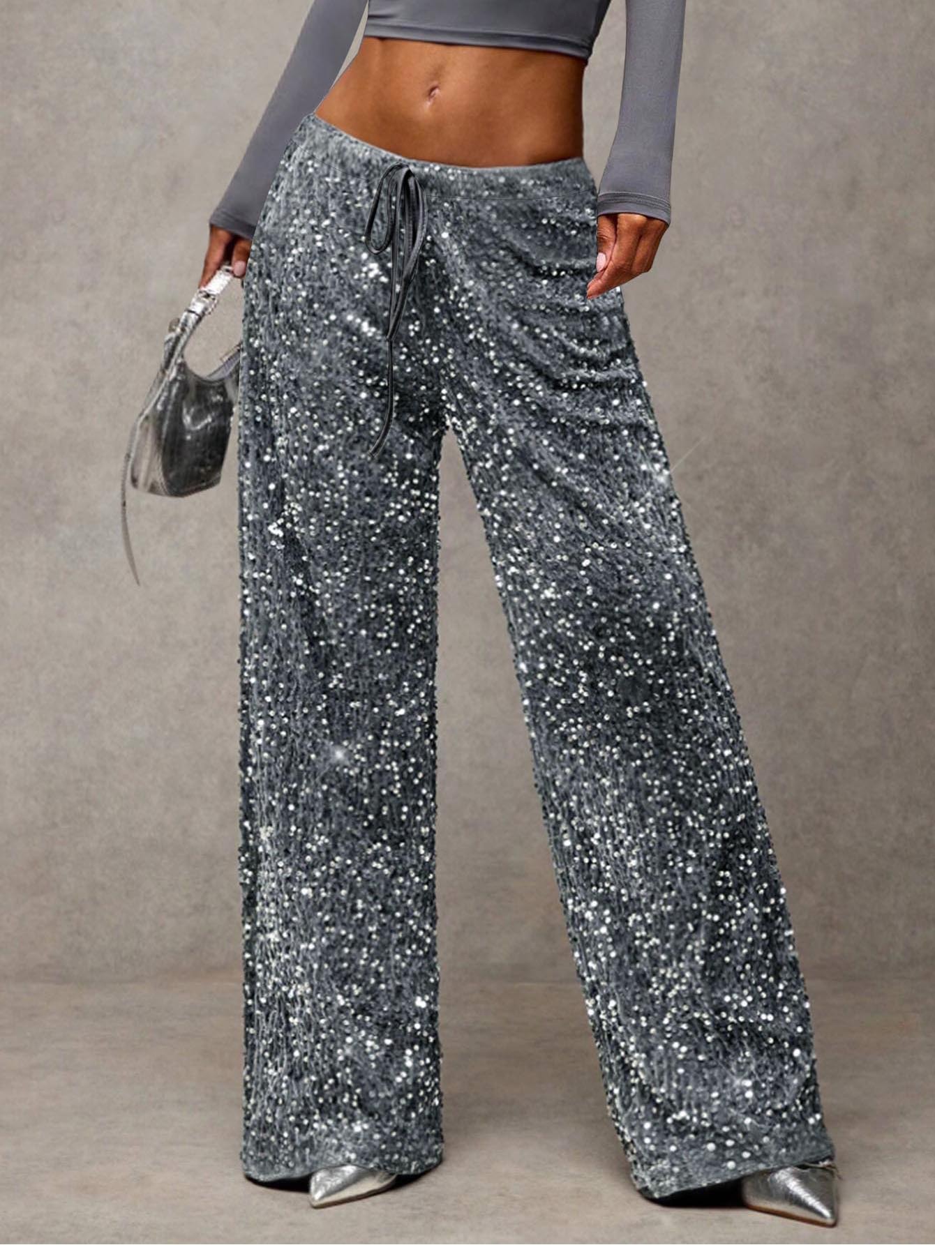 Sequin Drawstring Straight Leg Pants Stretch Slimming Women's