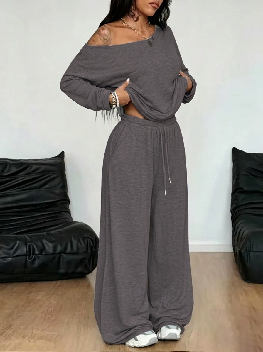 Women's Oblique Collar Wide-Leg Pants Set Solid Color Casual Two-Piece Long Sleeve