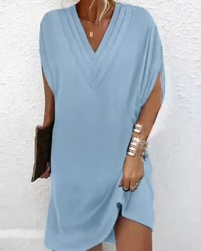 Women's V-Neck Pleated Batwing Sleeve Dress