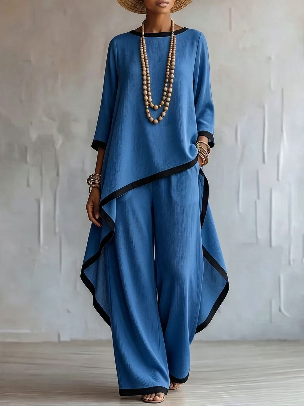 Women's Cotton-Linen Blend Asymmetric Long-Sleeve Top Set