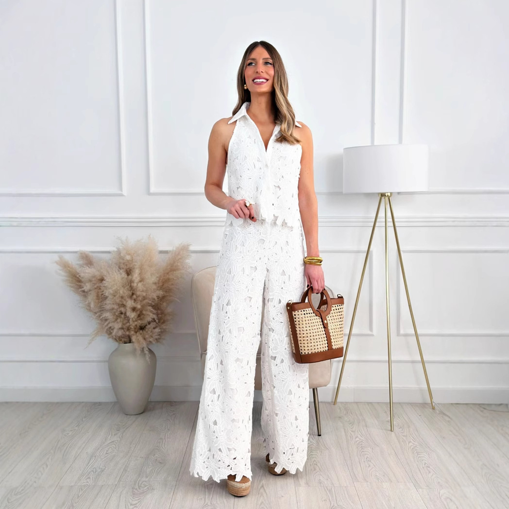 French Embroidered Cutout V-Neck Tank Top and Wide-Leg Pants Set