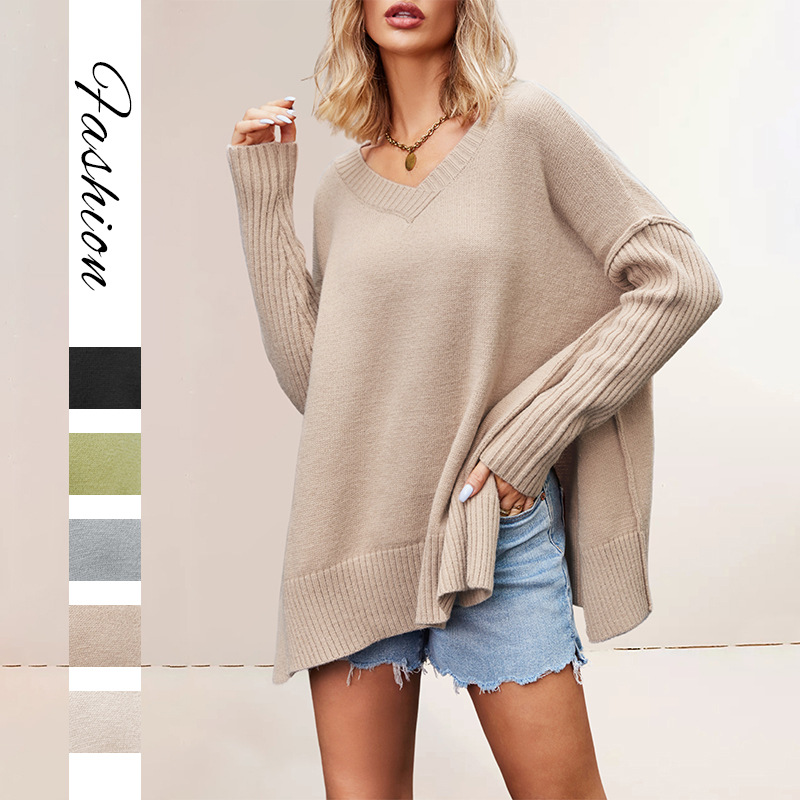 Plus Size V-Neck Knit Sweater Loose Fit Long Sleeve Pullover