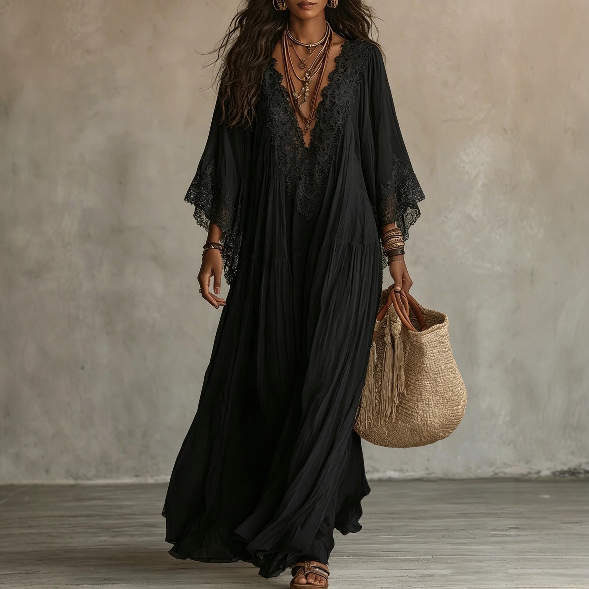 Elegant Long Sleeve Loose Flowy Maxi Dress