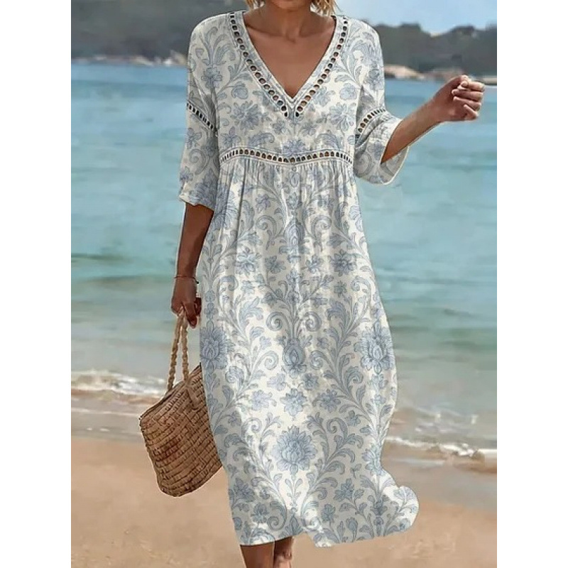Women's Floral Print Pleated Midi Dress with Deep V-Neck and 3D Effect
