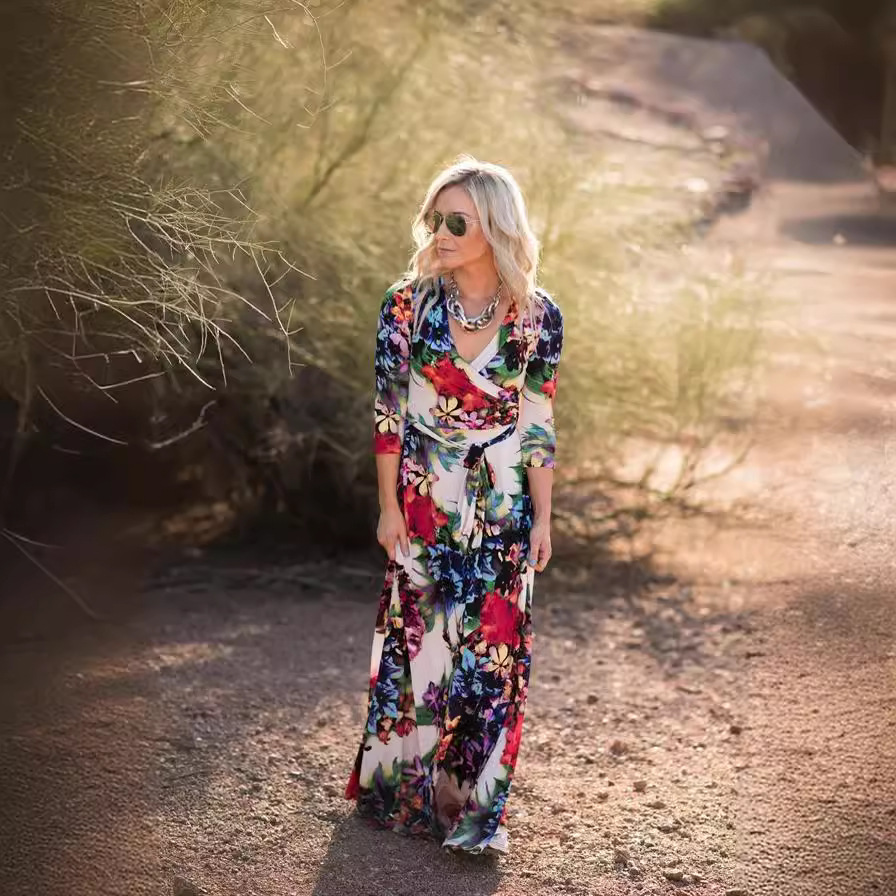 Women's Floral Digital Print V-Neck High Waist Midi Dress with Belt