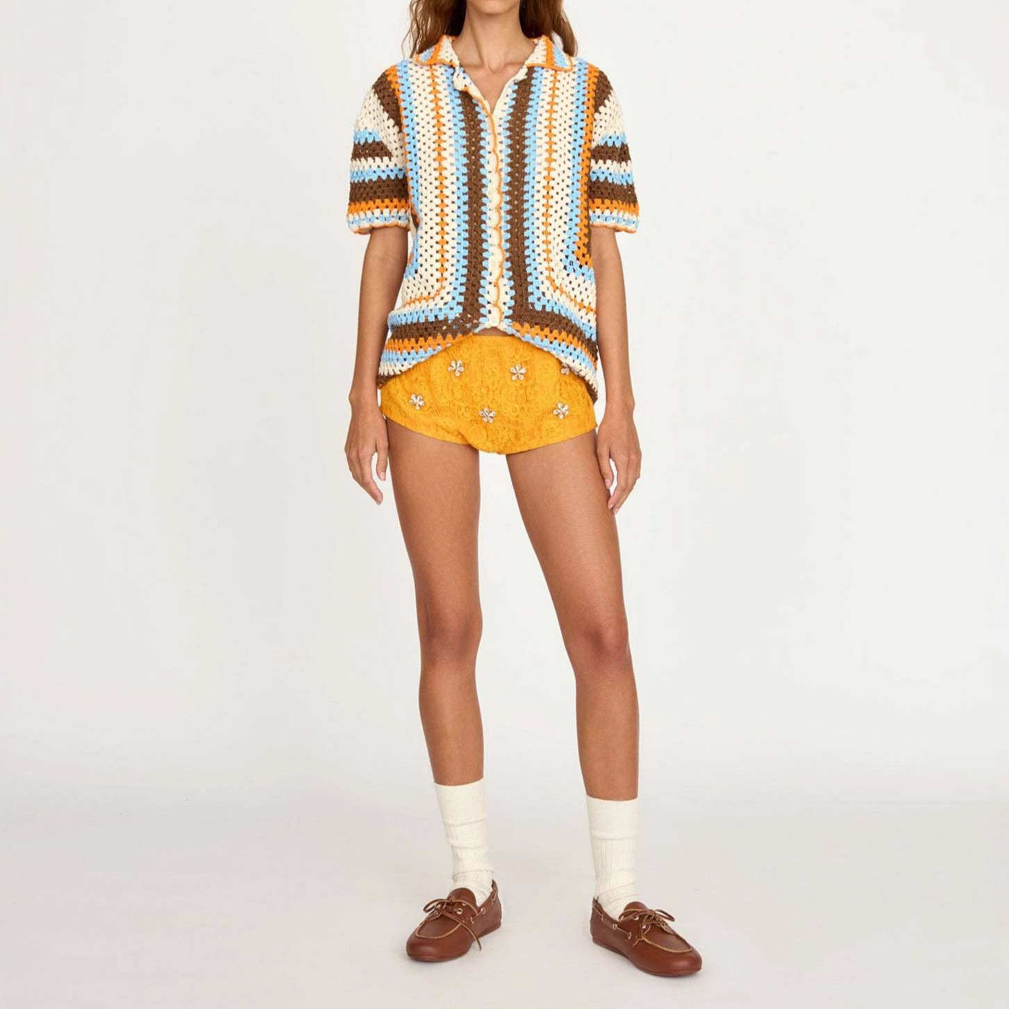 Women's Color-Block Hollow-Out Knit Top Retro Button-Front Short Cardigan