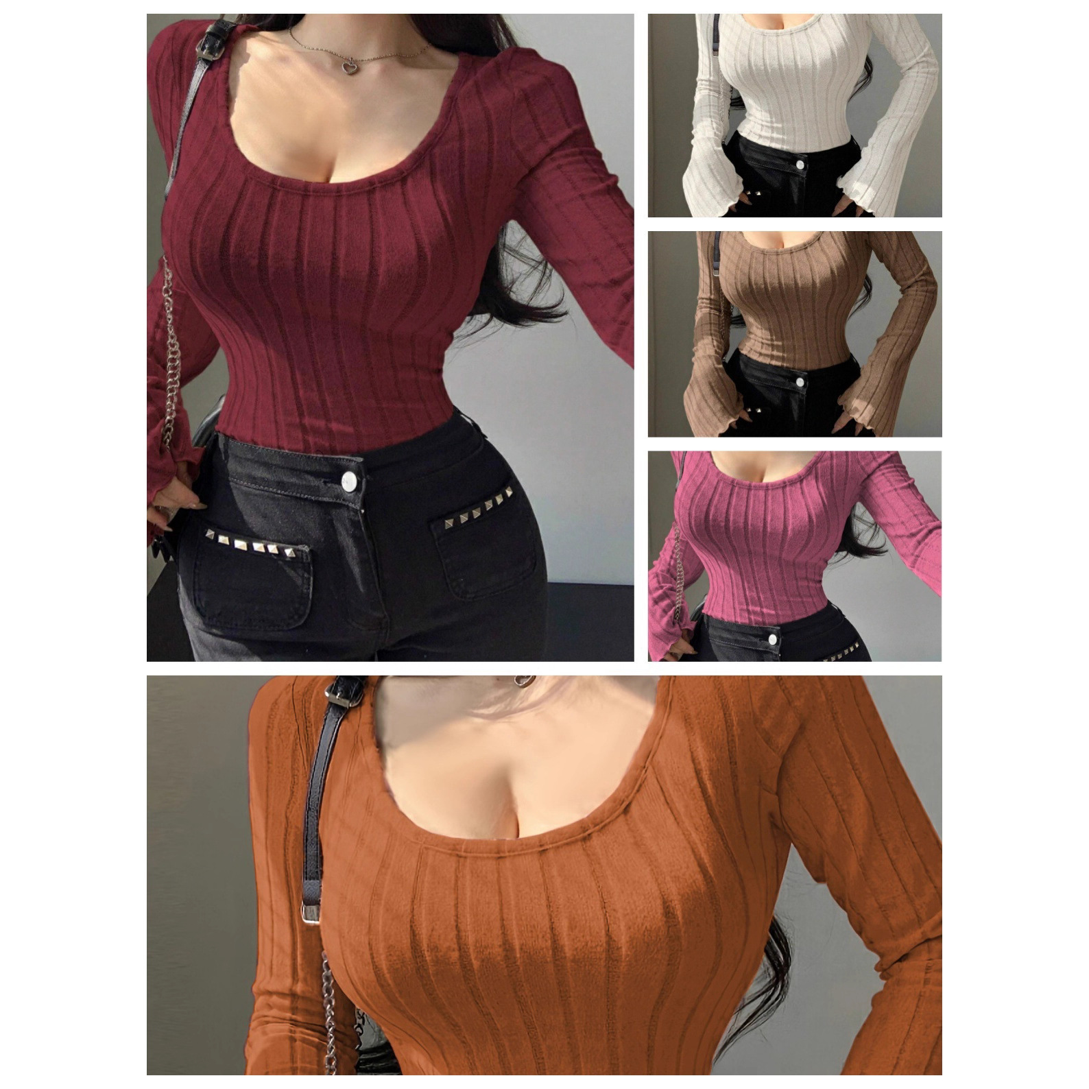 Brushed Ribbed Long Sleeve V-Neck Top
