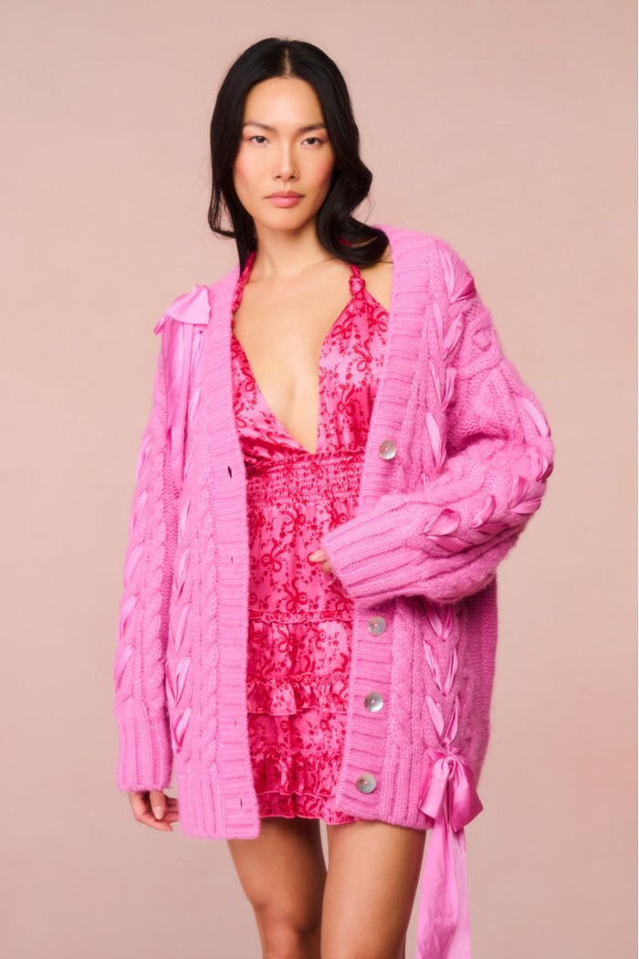 Women's Sweet Single-Breasted Shell Button Cable Knit Loose Irregular Tie Cardigan Sweater