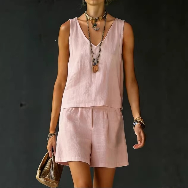 Women's Sleeveless Linen-Cotton Vest and Shorts Set Solid Color Two-Piece