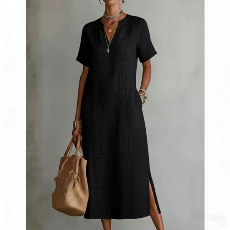 Women's Lace-Trim V-Neck Short-Sleeve Slit Cotton-Linen Midi Dress