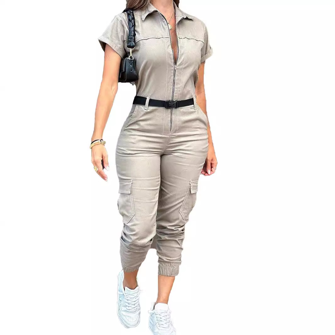 Women's Zip Cargo Jumpsuit Short Sleeve Collared Multi-Pocket Belted