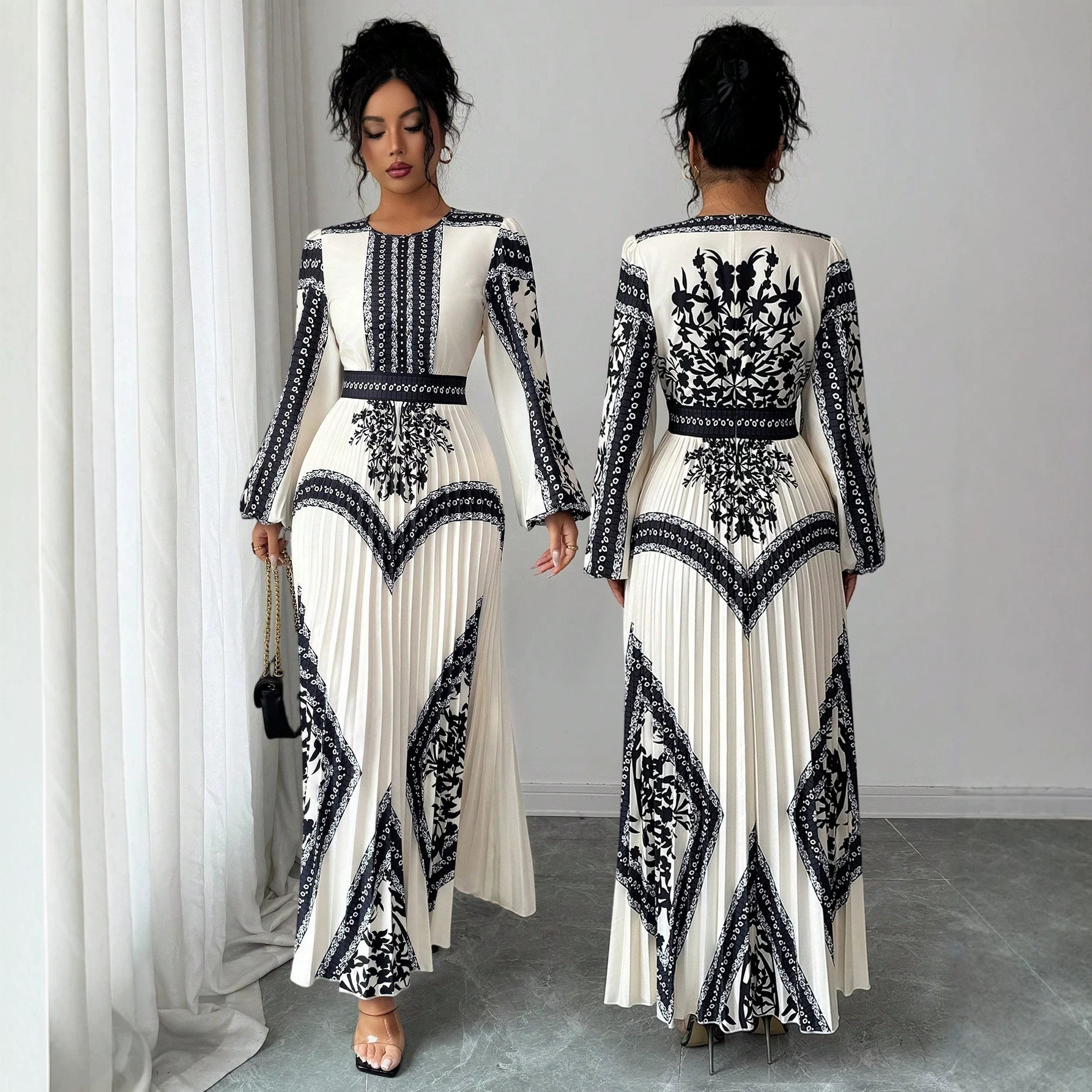 Black and White Print Pleated Dress with Cinched Waist and Bell Sleeves