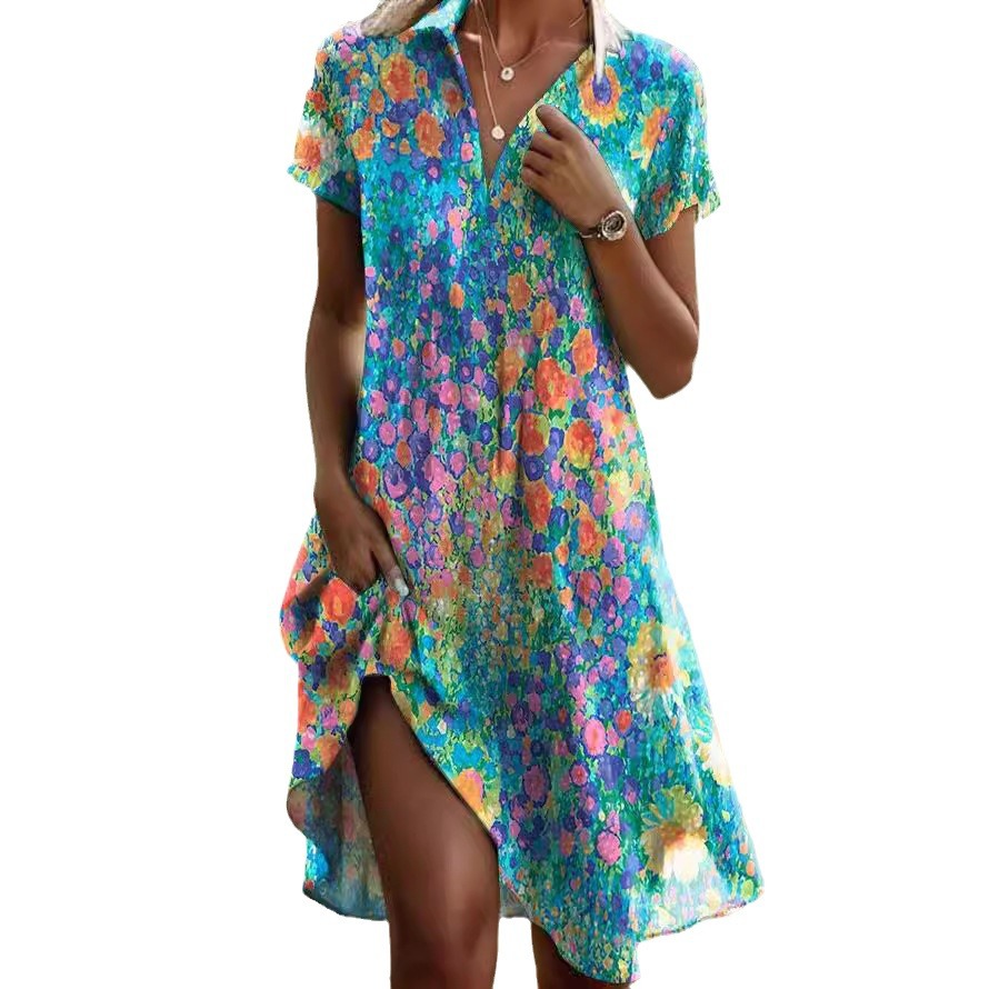 Women's Summer Bohemian Floral Print Short Sleeve Round Neck Long A-Line Dress