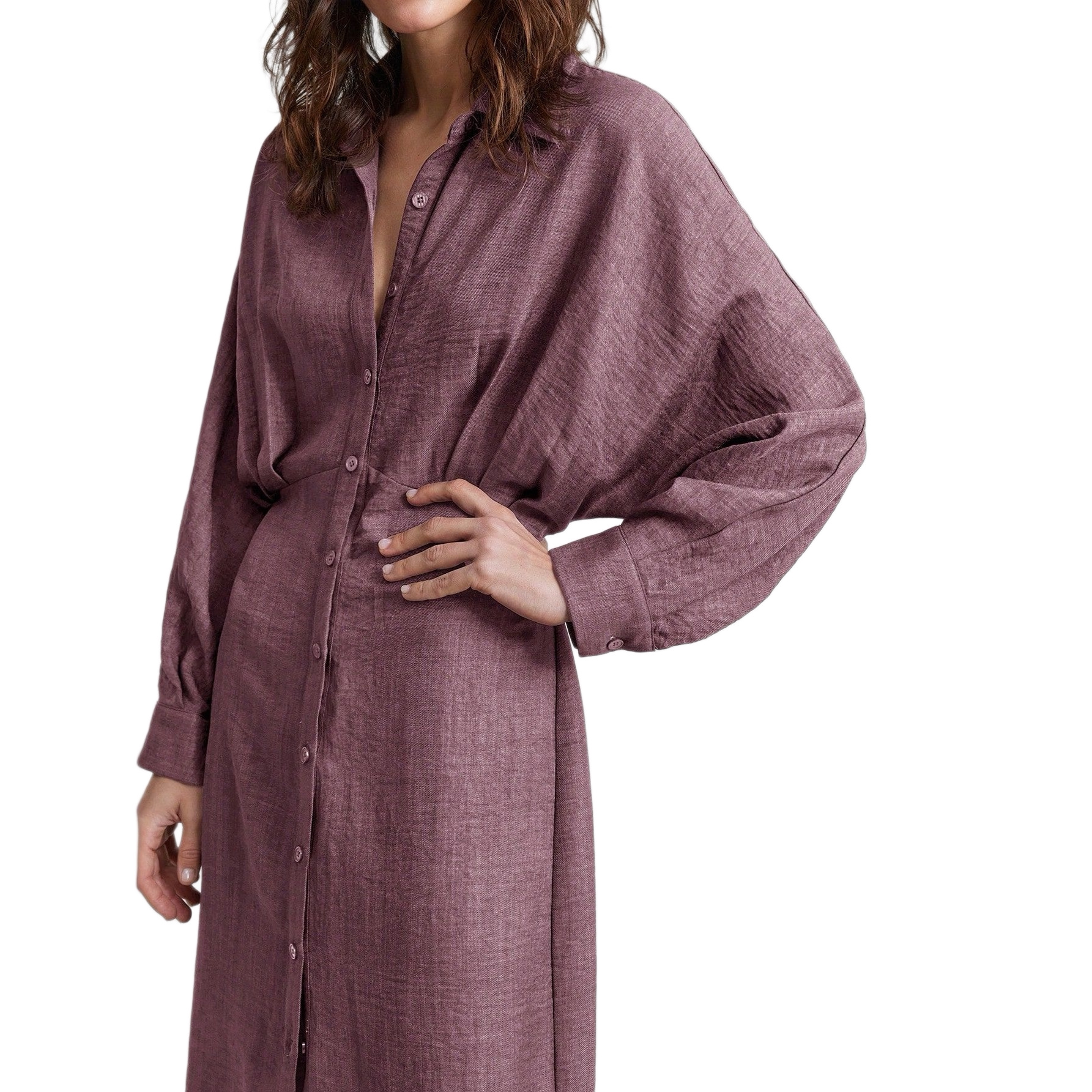 Women's Solid Ruched Waist Slimming Long Sleeve Dress