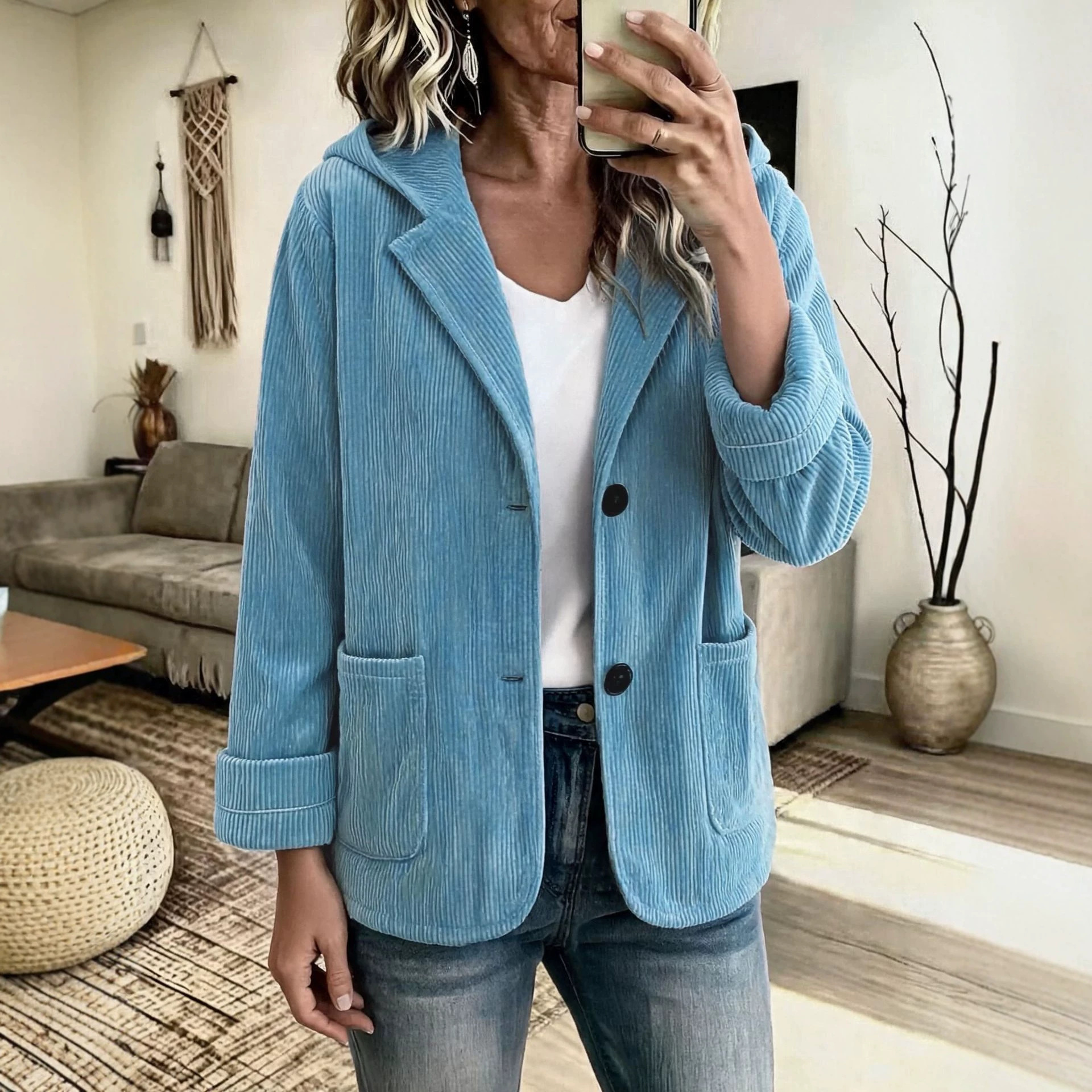 Corduroy Hooded Short Jacket with Lapel Collar
