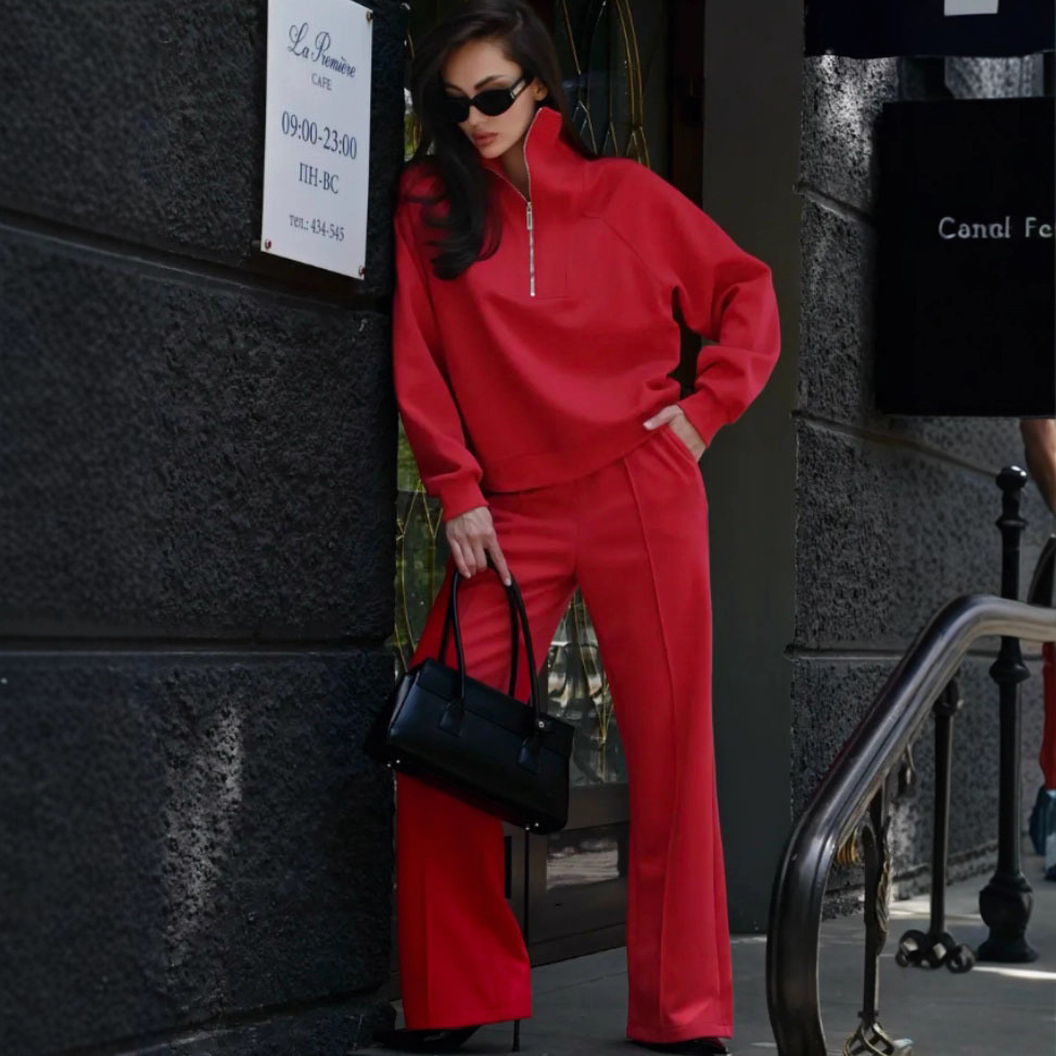 Women's Long Sleeve Stand Collar Zip Tracksuit Casual Two-Piece Set