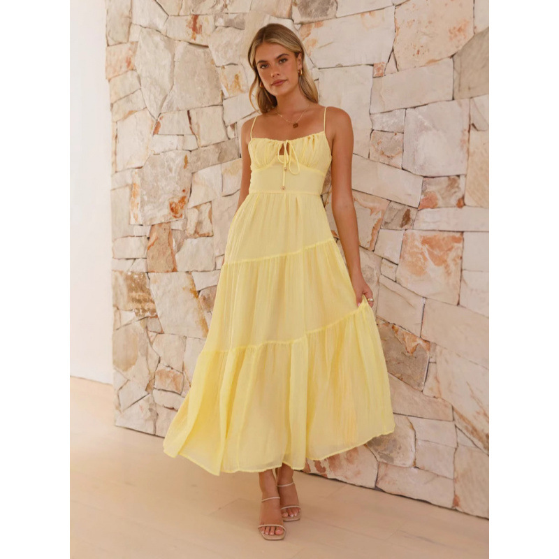 Women's Sleeveless Spliced Cami Long Backless Tie Dress