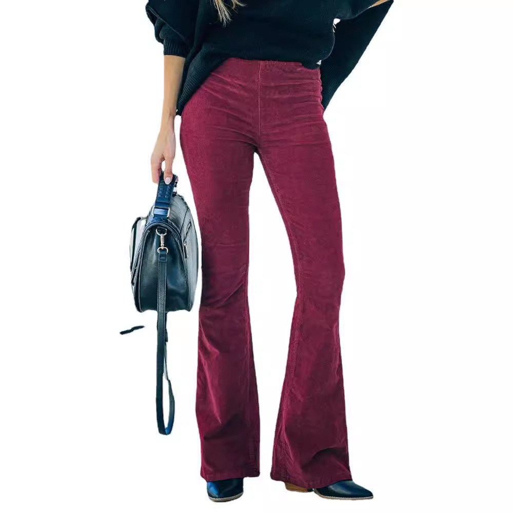 Women's Solid High-Waist Corduroy Flare Pants with Elastic Waist
