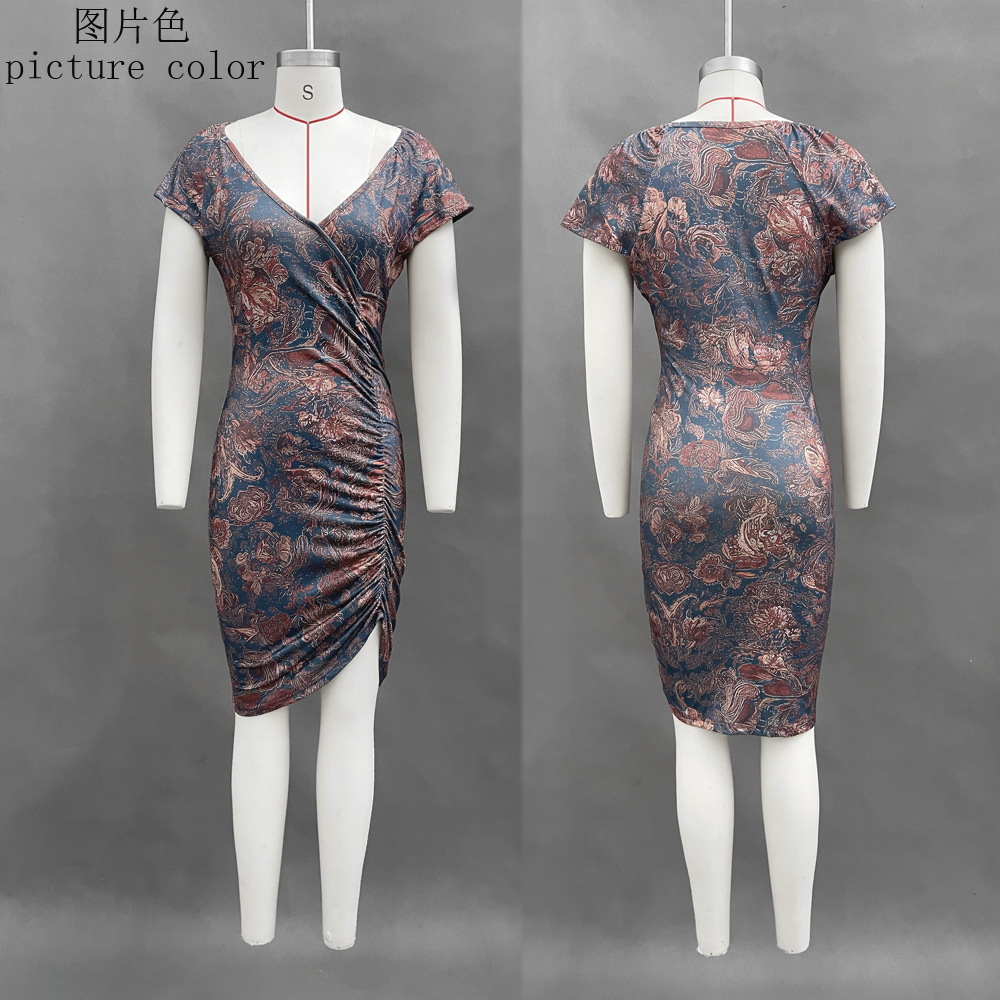 Printed V-Neck Waist-Cinching Midi Dress