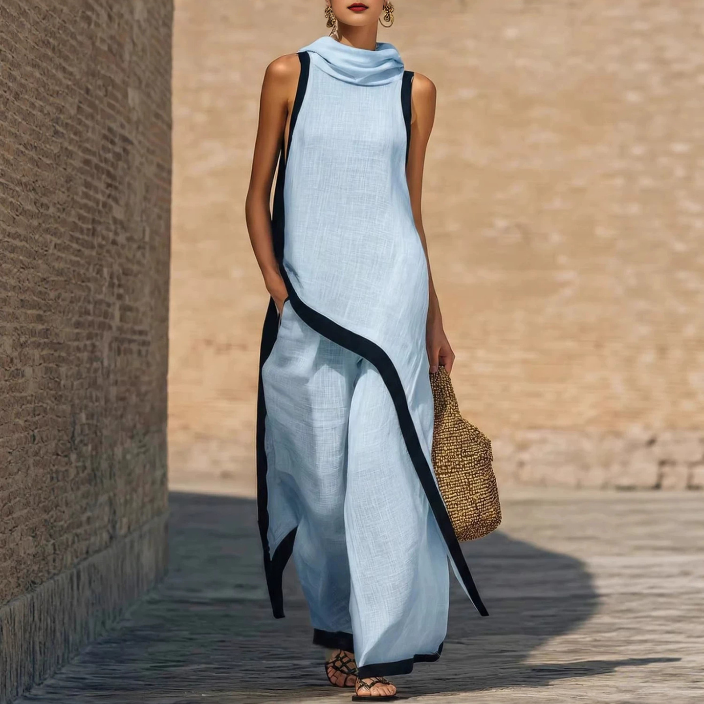 Women's Sleeveless Top and Wide-Leg Pants Two-Piece Set with Asymmetrical Details