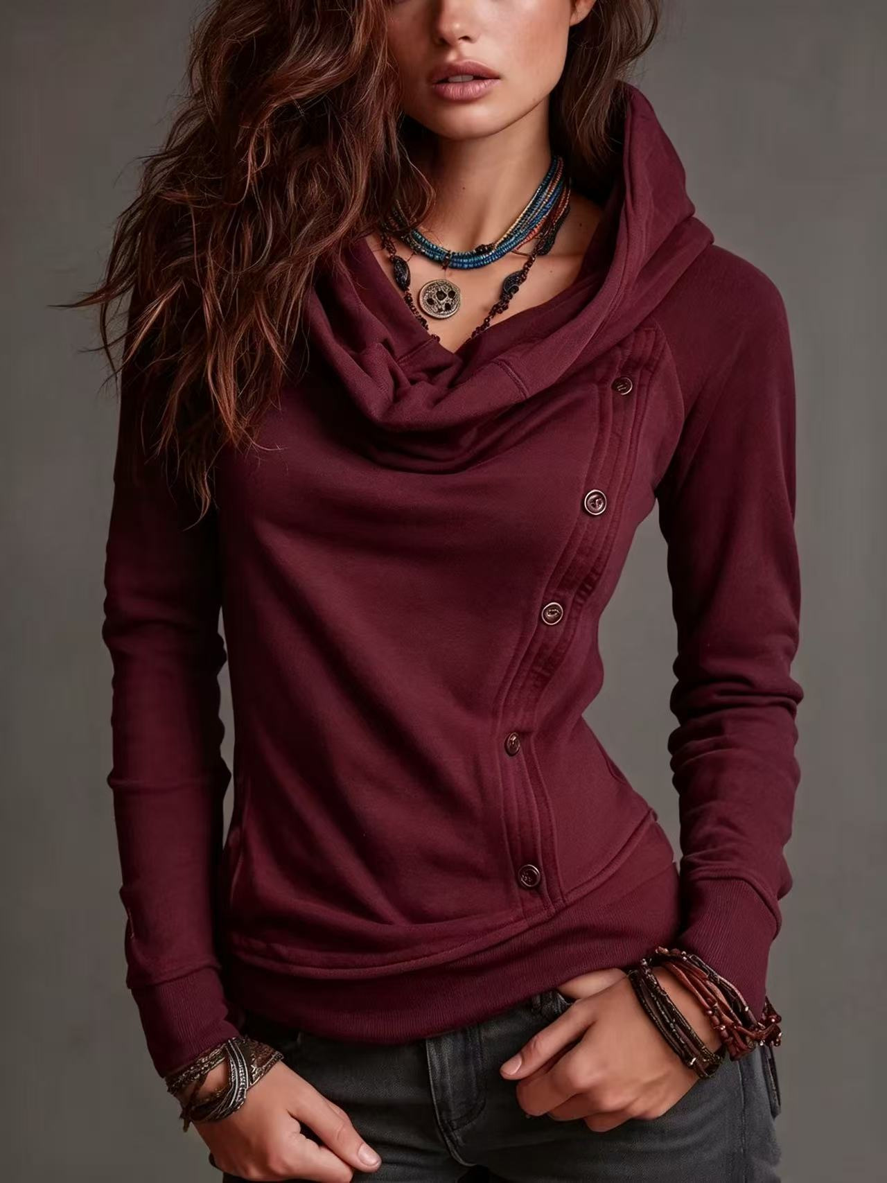 Retro High Neck Hooded Button Pullover Sweatshirt for Women