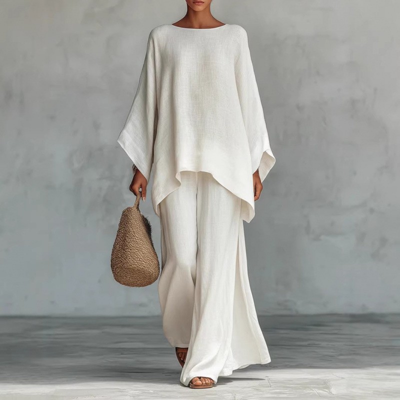 Women's Minimalist Loose Casual Shirt and Wide-Leg Pants Set