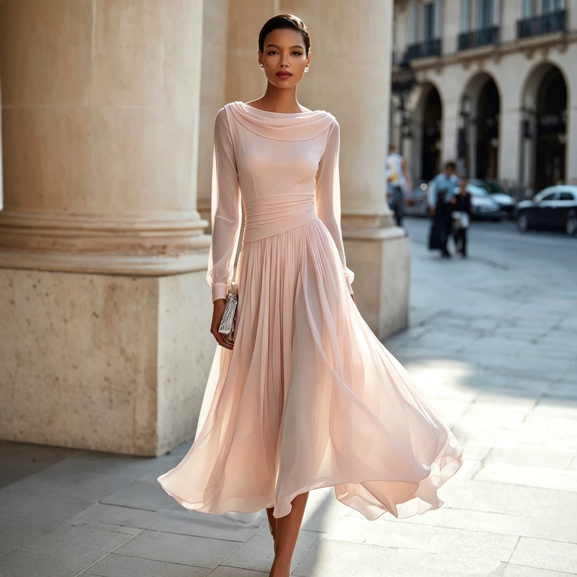 Elegant Cowl Neck Long Sleeve Midi Dress