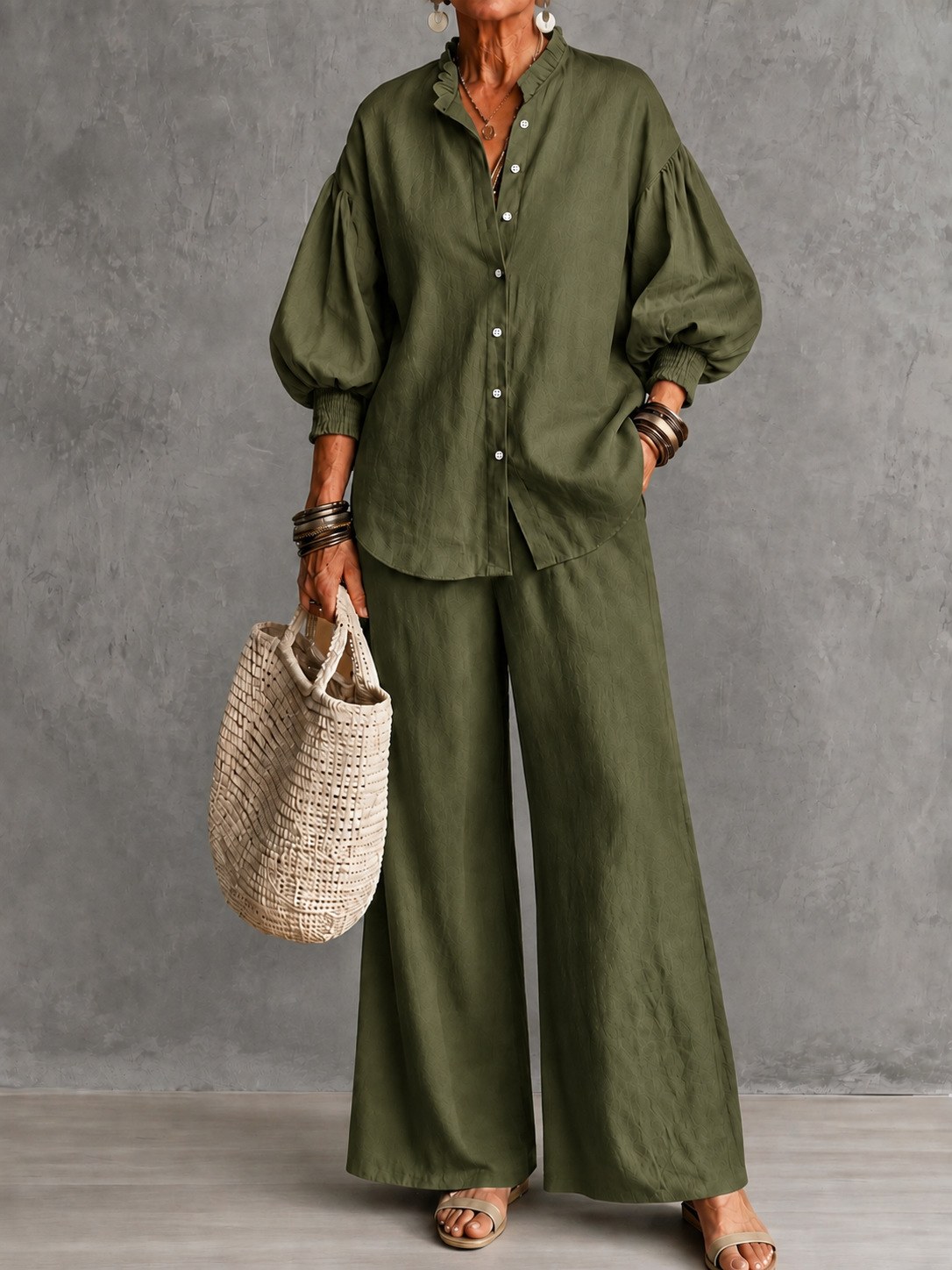 Women's Solid Ruffle Stand Collar Lantern Sleeve Shirt & Wide-Leg Pants Two-Piece Set
