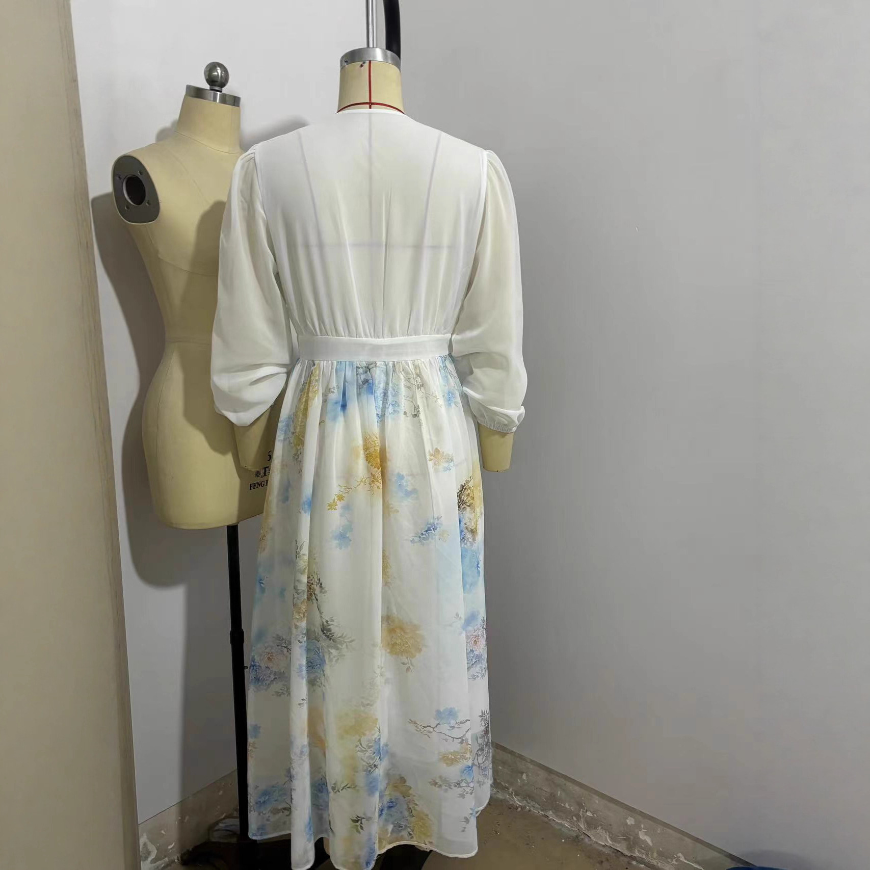 Digital Print Long Sleeve V-Neck Midi Dress