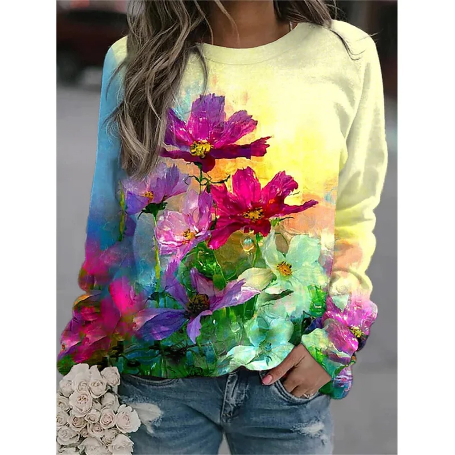 Women's Floral Print Crewneck Sweatshirt